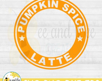 May include: Orange circle with white text that reads "Pumpkin Spice Latte" with a star on either side of the text.