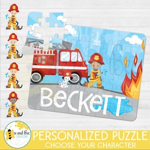 May include: A personalized puzzle featuring a red fire truck, a firefighter, and a dalmatian dog. The puzzle is on a blue background with a fire in the background. The name "Beckett" is printed on the puzzle.