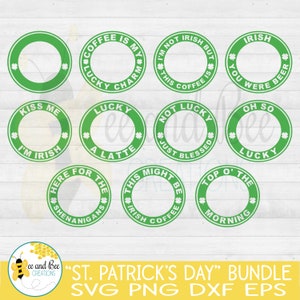 May include: A set of ten green circle SVG cut files with white text and shamrock designs. The text includes phrases like "Kiss Me I'm Irish", "Lucky Charm", "Not Lucky Just Blessed", and "Top O' The Morning".