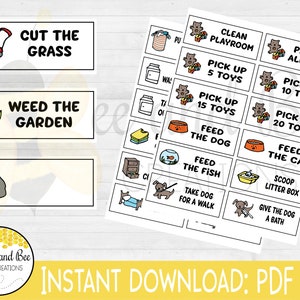 Kids Chore Cleaning Card Printable - 72 Chores and 36 blank chore cards - 9 Pages - Allowance System
