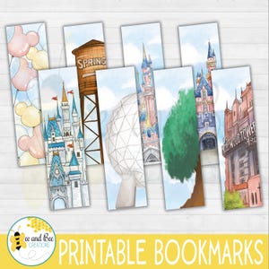 May include: A collection of printable bookmarks featuring watercolor illustrations of iconic landmarks and elements. Designs include a castle, water tower, and balloons. The text "Printable Bookmarks" is displayed at the bottom.