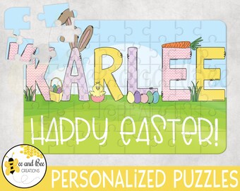 May include: A personalized Easter puzzle featuring the name "Karlee" in colorful letters with Easter-themed decorations. The puzzle has a green background with the words "Happy Easter!" printed below the name.