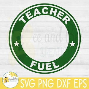 May include: Green circle with white text that reads "TEACHER FUEL" with a white star on each side.