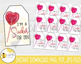 I'm a Sucker for you Gift tag - png, pdf and jpg files - Valentine's Day, Valentine's Day Cards, Printable, Gifts, Love, Lollipop