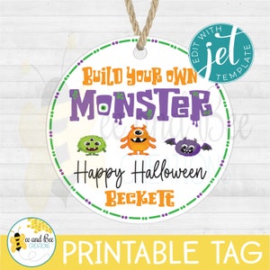 Étiquette cadeau Halloween - fichiers png, pdf et jpg - des bonbons ou un sort, étiquette de cadeau, étiquettes de fête, construisez votre propre monstre, créez votre propre monstre