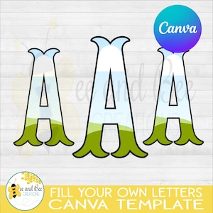 Puede incluir: Tres diseños estilizados de la letra "A" con un relleno de paisaje, delineados en negro, con acentos verdes y azules. La imagen incluye el texto "FILL YOUR OWN LETTERS CANVA TEMPLATE" y un logotipo con una abeja.