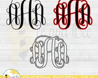 May include: Three monogrammed letters in a decorative script font. The letters are black, red, and outlined in black. The letters are on a white woodgrain background.  "CUSTOM DIGITAL FILE SVG PNG DXF EPS" is written in black text below the letters.