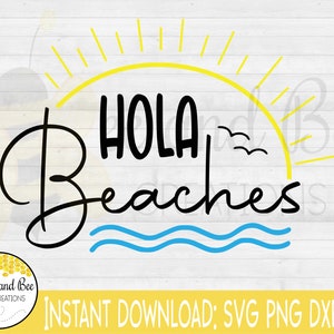 Op de afbeelding: Een gele zon met stralen en een blauw golfpatroon met de tekst "Hola Beaches" in zwart.