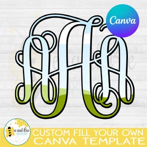 Puede incluir: Un diseño de monograma con las letras "AAA" en una fuente cursiva, relleno con un degradado de azul claro y verde. El diseño tiene un contorno negro y está sobre un fondo blanco. El logotipo de Canva está en la esquina superior derecha. El texto en la parte inferior dice "CUSTOM FILL YOUR OWN CANVA TEMPLATE".