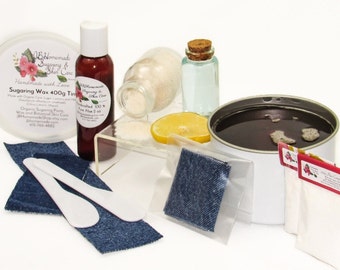 Natural Sugaring Wax Hair Removal Kit: Soft Formula, Denim Strips, Aloe Vera (400g Tin)