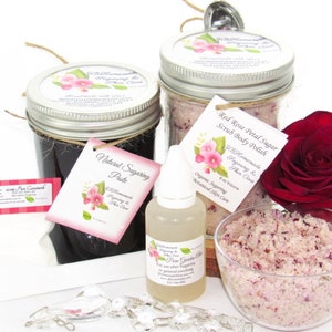 The bundle with an 8 oz jar filled with firm sugaring paste, a jar of Red Rose Petal Sugar Body Scrub, a small bottle of pure aloe vera, a pouch of cornstarch, an applicator, and a bowl showcasing the sugar scrub, garnished with a red rose bloom.