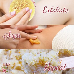 A collage of images showing a woman preparing to use a sugar scrub, sugaring an underarm and stirring a scrub.