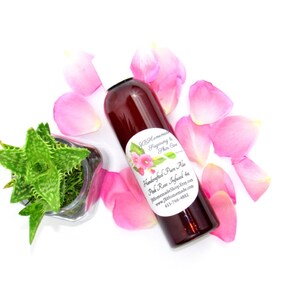 JBHomemade’s 8 oz Radiant Rose Glow: rose-infused aloe vera paired with an aloe plant. Glass jar filled with aloe and pink rose petals.