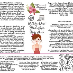 JBHomemade’s Red Rose Petal Sugar Body Scrub label with central logo, illustration of facial scrub application, usage instructions, benefits of sugar scrubs, and all-natural ingredient assurance.