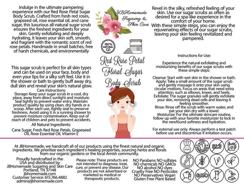 JBHomemade’s Red Rose Petal Sugar Body Scrub label with central logo, illustration of facial scrub application, usage instructions, benefits of sugar scrubs, and all-natural ingredient assurance.