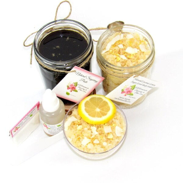 Sugaring Hair Removal Set with Coconut Lemon Sugar Scrub - thicker hair, Body Sugaring, natural sugaring, natural sugar scrub, coconut scrub