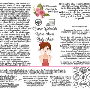 JBHomemade’s Orange Calendula Herbal Citrus Sugar Scrub label with central logo, illustration of facial scrub application, usage instructions, benefits of sugar scrubs, and all-natural ingredient assurance.