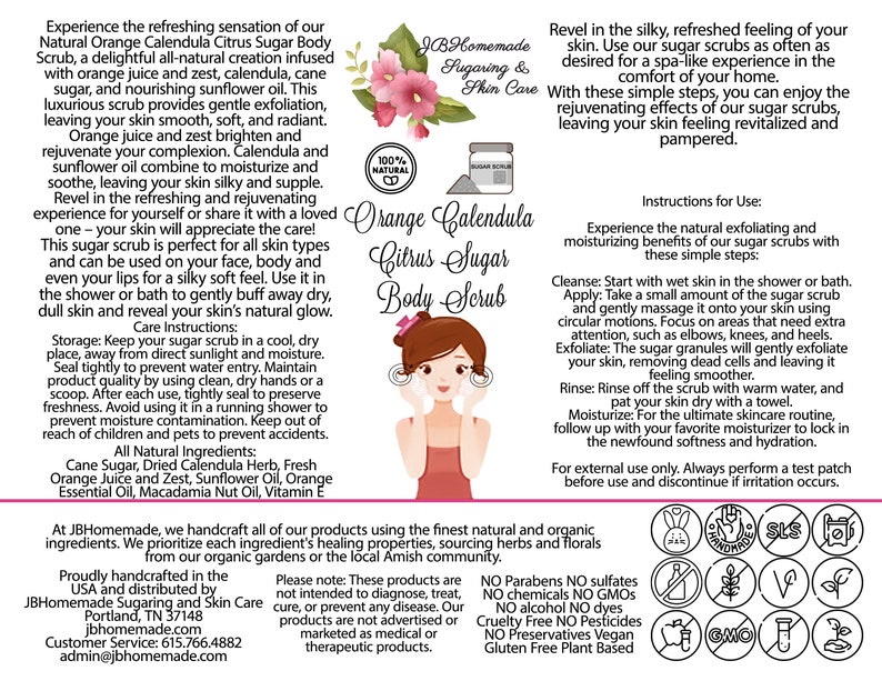 JBHomemade’s Orange Calendula Herbal Citrus Sugar Scrub label with central logo, illustration of facial scrub application, usage instructions, benefits of sugar scrubs, and all-natural ingredient assurance.