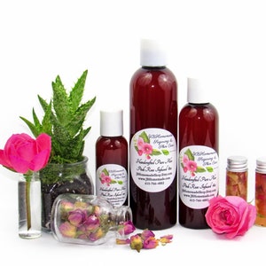 Three sizes of JBHomemade Pink Rose Infused Aloe Vera Gel displayed with fresh pink roses and aloe vera leaves. All-natural for soothing & hydrating skin.