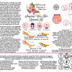 JBHomemade Sugaring Wax Hair Removal Kit label featuring usage diagram, natural benefits, and brand information, highlighting organic, non-GMO, paraben-free qualities.