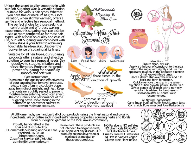 JBHomemade Sugaring Wax Hair Removal Kit label featuring usage diagram, natural benefits, and brand information, highlighting organic, non-GMO, paraben-free qualities.