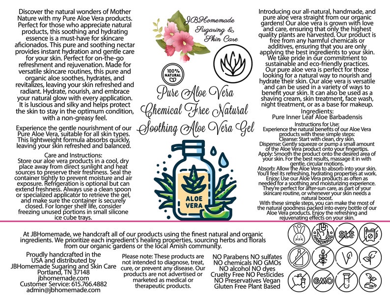 Label for Pure Aloe Vera Soothing Gel: Unleash the Natural Power of Pure Aloe Vera with Our Chemical-Free Soothing Gel All Natural, Chemical-Free, Soothing Skincare.