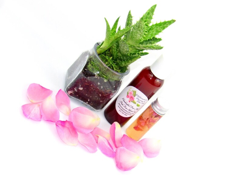 JBHomemade’s 2 oz Radiant Rose Glow: rose-infused aloe vera paired with an aloe plant. Glass jar filled with aloe and pink rose petals.