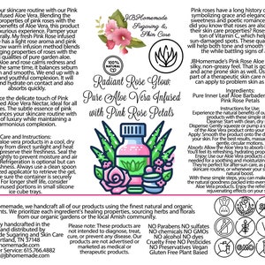 Label for Radiant Rose Glow Aloe Vera Soothing Gel: Unleash the Natural Power of Pure Aloe Vera with Our Chemical-Free Soothing Gel All Natural, Chemical-Free, Soothing Skincare.