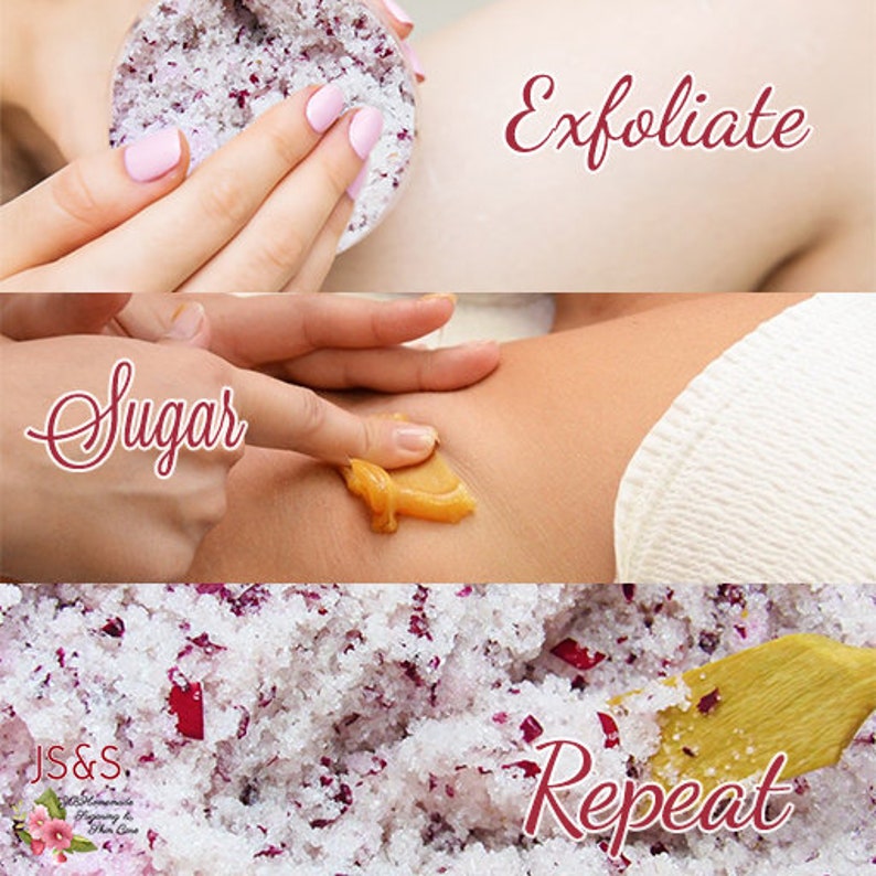 a collage of images showing a woman preparing to use a sugar scrub, sugaring an underarm and stirring a scrub