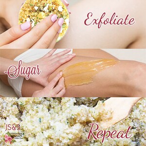 a collage of images showing a woman preparing to use a sugar scrub, sugaring a leg and stirring a scrub