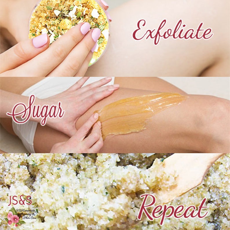 a collage of images showing a woman preparing to use a sugar scrub, sugaring a leg and stirring a scrub
