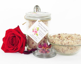 Natural Red Rose Petal Sugar Scrub Body Polish 8 Oz Mason with Fresh Red Rose Petals