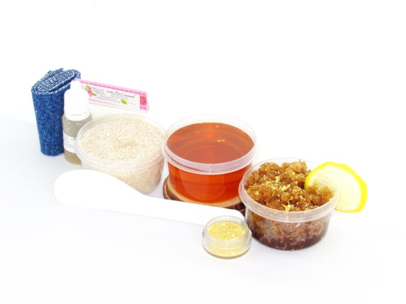 Our Home Sugaring Hair Removal Starter Kit includes 2 oz soft Sugaring Wax, Lemon Zest Sugar Scrub, Oatmeal Brown Sugar Scrub, Aloe Vera, cornstarch, denim strips, applicator. Lemon zest and slice, a bowl filled to the brim with dried lemon zest.