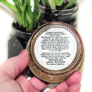 Organic Aloe Vera Gel Product: Hand holding a container with detailed usage instructions, near potted plants.