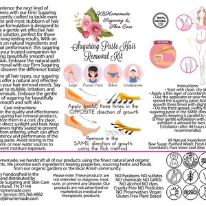 JBHomemade Sugaring Paste Hair Removal Kit label featuring usage diagram, natural benefits, and brand information, highlighting organic, non-GMO, paraben-free qualities.