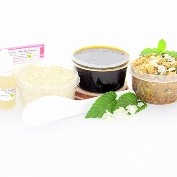 Sugaring Paste Hair Removal Set, Oatmeal Scrub, Peppermint Coconut Sugar Scrub - thicker hair, Natural sugaring wax starter set sugar scrubs