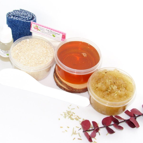 Sugaring Hair Removal Set, Oatmeal Scrub, Eucalyptus Rosemary Sugar Scrub - thinner hair, Natural Body sugar starter set with sugar scrubs