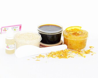 Sugaring Paste Hair Removal Set, Oatmeal Scrub, Orange Calendula Sugar Scrub - thicker hair, Natural sugaring wax starter with sugar scrubs