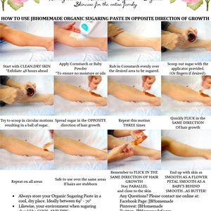 A visual guide on using homemade organic sugaring paste for hair removal, showcasing each step of the application and removal process for smooth, hair-free skin.