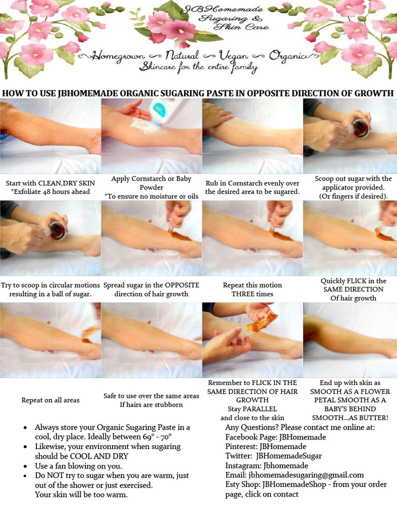 A visual guide on using homemade organic sugaring paste for hair removal, showcasing each step of the application and removal process for smooth, hair-free skin.