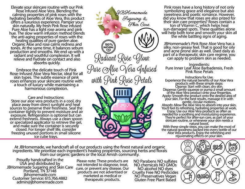 Label for Radiant Rose Glow Aloe Vera Soothing Gel: Unleash the Natural Power of Pure Aloe Vera with Our Chemical-Free Soothing Gel All Natural, Chemical-Free, Soothing Skincare.