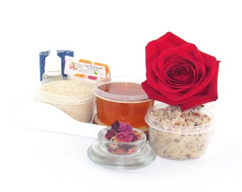 Sugaring Hair Removal Set, Oatmeal Scrub, Red Rose Sugar Scrub - thinner hair, Natural Body sugaring starter set with sugar scrubs