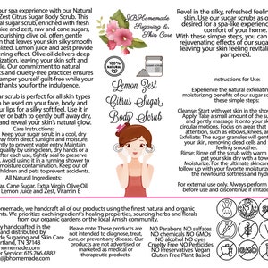 JBHomemade’s Lemon Zest Sugar Body Scrub label with central logo, illustration of facial scrub application, usage instructions, benefits of sugar scrubs, and all-natural ingredient assurance.