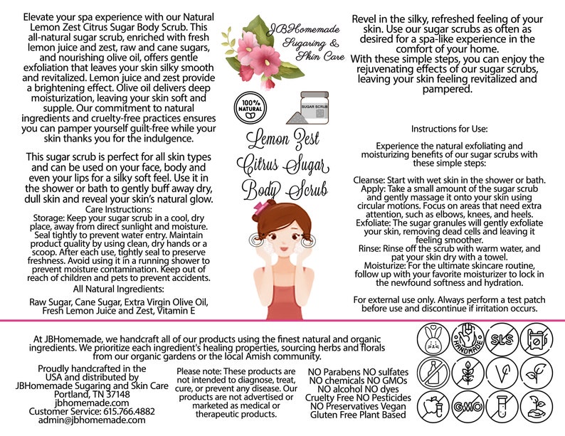 JBHomemade’s Lemon Zest Sugar Body Scrub label with central logo, illustration of facial scrub application, usage instructions, benefits of sugar scrubs, and all-natural ingredient assurance.