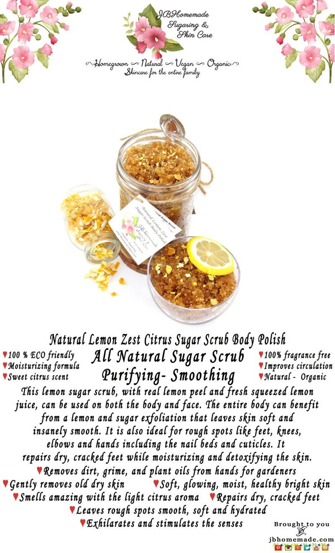 Natural Lemon Zest Sugar Scrub 8 Oz Mason Handmade Body Scrub