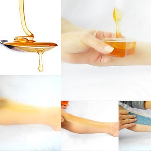 Golden sugaring wax close-ups: smooth, amber, and glossy. Jen applies thin layers, readies denim strip for hair removal.