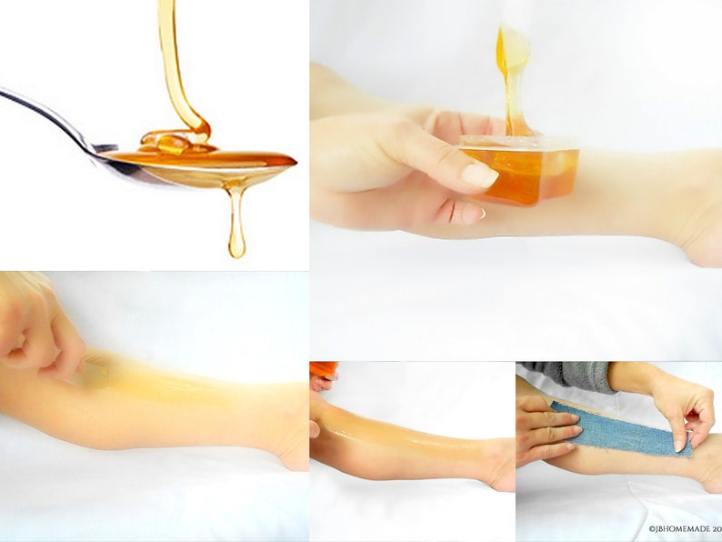 Golden sugaring wax close-ups: smooth, amber, and glossy. Jen applies thin layers, readies denim strip for hair removal.