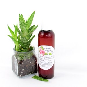 A 4 oz amber bottle of Pure Aloe Vera product, enriched and authentic, surrounded by fresh aloe vera leaf pieces, showcasing the natural ingredients and the premium quality of the product.