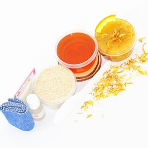 Sugaring Hair Removal Set, Oatmeal Scrub, Orange Calendula Sugar Scrub - thinner hair, Natural Body sugaring starter set with sugar scrubs