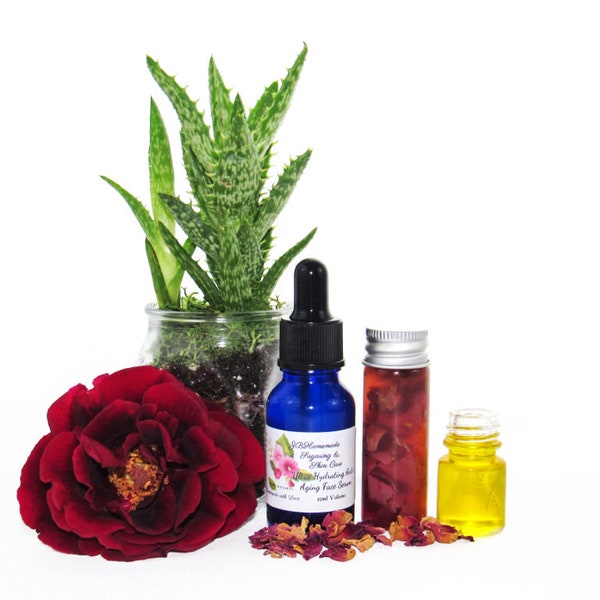 Natural Rose Chamomile Facial Serum with Aloe Vera, Vitamin E, Grape Seed and Rosehip Oils - Nourishing Skincare from Our Homestead 15ml